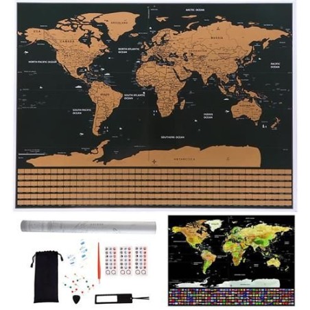MAPA ŚWIATA ZDRAPKA Z FLAGAMI + AKCESORIA - KOMPLETNY ZESTAW