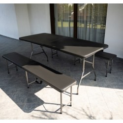 STÓŁ OGRODOWY SKŁADANY 180CM + 2 ŁAWKI CZARNY - PRAKTYCZNY ZESTAW