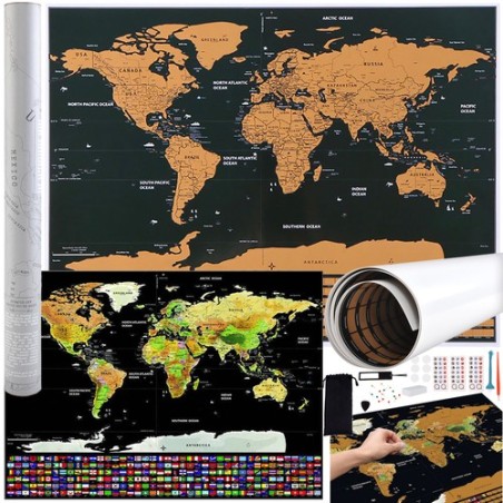 MAPA ŚWIATA ZDRAPKA Z FLAGAMI + AKCESORIA - KOMPLETNY ZESTAW