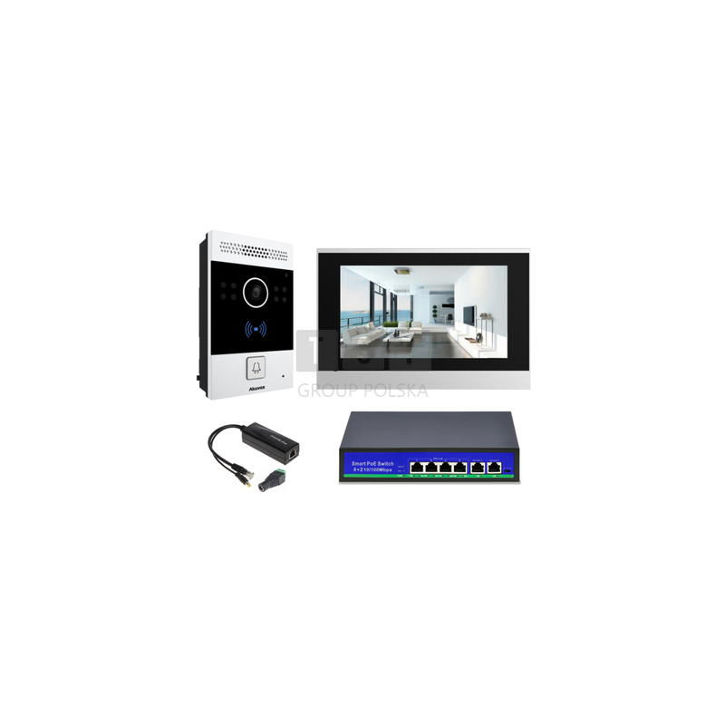Akuvox Zestaw Zestaw videodomofonowy IP (panel R20A, monitor C313, switch PoE 4-portowy, stabilizator), Genway