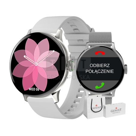 Smartwatch Damski Giewont GW330-2 Srebrny-Szary Pasek Silikonowy + Srebrna Bransoleta