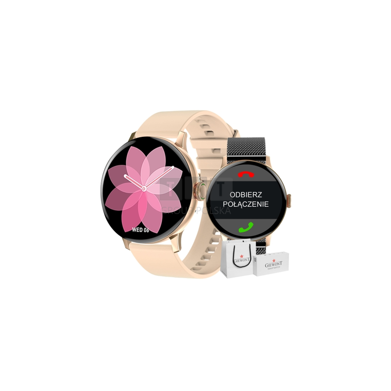 Smartwatch Damski Giewont GW330-4 Różowe Złoto-Róż Pudrowy Pasek Silikonowy + Czarna Bransoleta