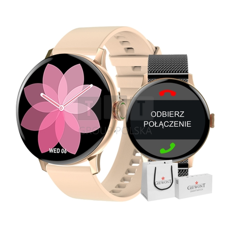 Smartwatch Damski Giewont GW330-4 Różowe Złoto-Róż Pudrowy Pasek Silikonowy + Czarna Bransoleta