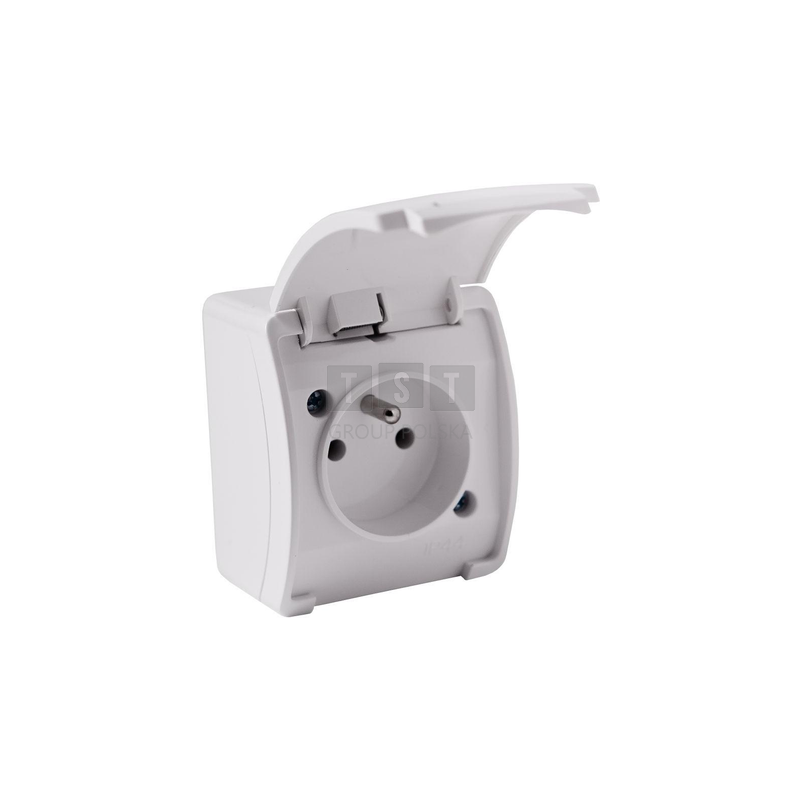 Gniazdo natynkowe pojedyncze z uziemieniem, z klapką VIPLAST KOALA BIAŁE IP44 161-01