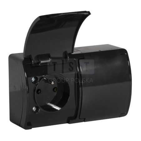 Gniazdo natynkowe podwójne z uziemieniem, z klapką VIPLAST KOALA CZARNE IP44 162-05