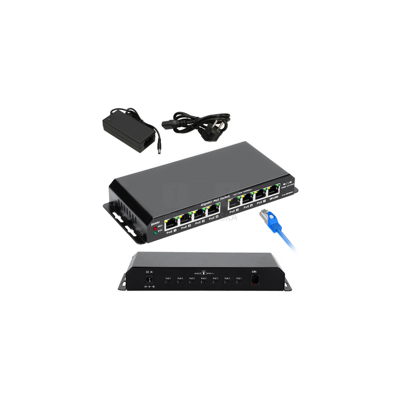Extralink KRATOS | Switch PoE | 7x Gigabit PoE, 1x Uplink RJ45, Zasilacz 24V 2.5A, Moc 60W