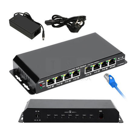 Extralink KRATOS | Switch PoE | 7x Gigabit PoE, 1x Uplink RJ45, Zasilacz 24V 2.5A, Moc 60W
