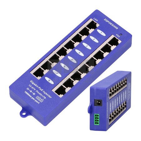 Extralink 8 Portowy | Gigabit PoE Injector | 8x 1000Mb/s RJ45, Mode B