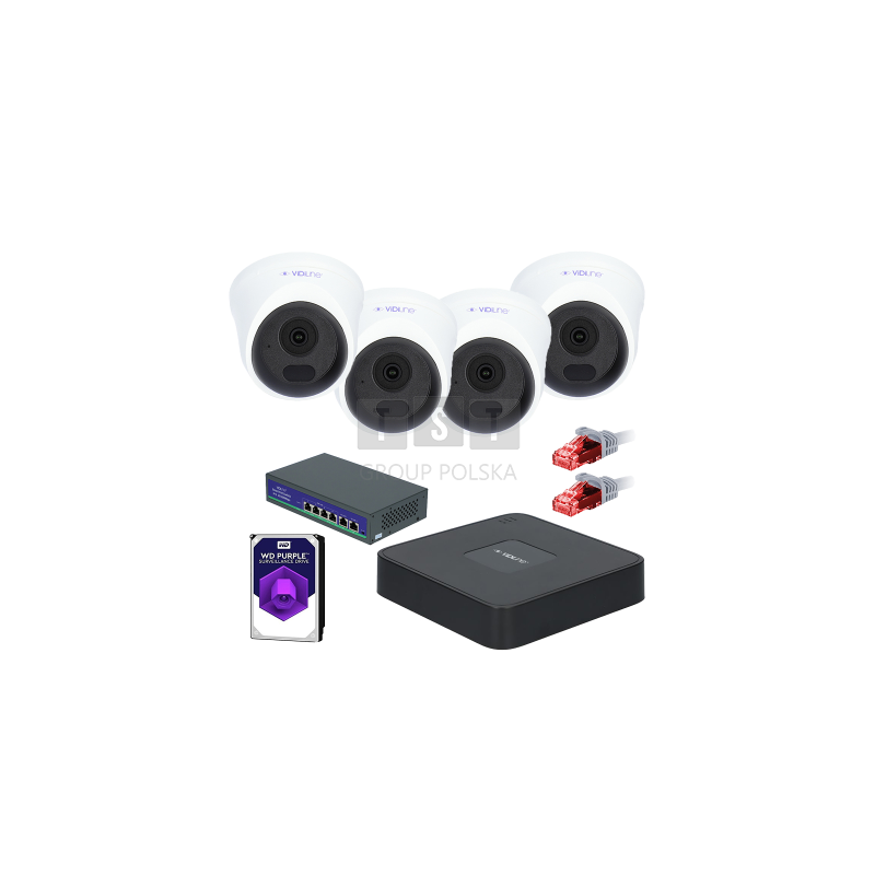 Gotowy do podłączenia zestaw monitoringu VidiLine z 4 kamerami kopułkowymi VIDI-IPC-24D