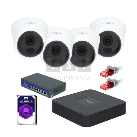 Gotowy do podłączenia zestaw monitoringu VidiLine z 4 kamerami kopułkowymi VIDI-IPC-24D