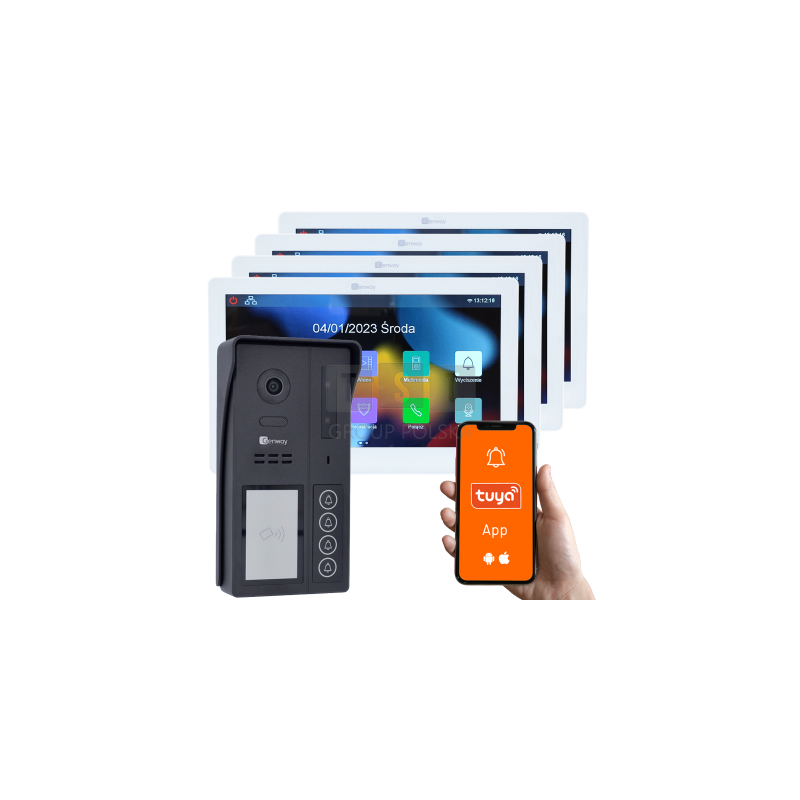 Genway KIT-F-S64-4X-V13 - Zestaw wideodomofonowy 2 żyłowy czterorodzinny z czterema monitorami dotykowymi 7" WiFi i Tuya
