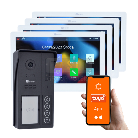 Genway KIT-F-S64-4X-V13 - Zestaw wideodomofonowy 2 żyłowy czterorodzinny z czterema monitorami dotykowymi 7" WiFi i Tuya