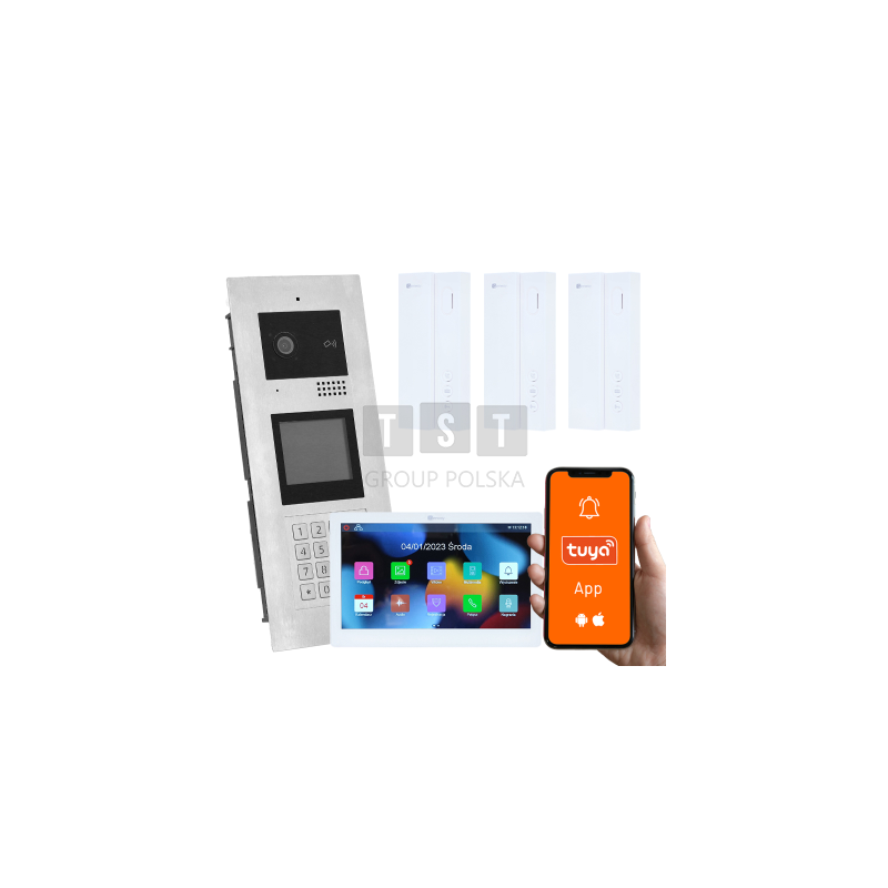 Wielorodzinny wideodomofon, 4 rodziny, otwieranie kodem, kartą, brelokiem, odbieranie na telefonie Tuya