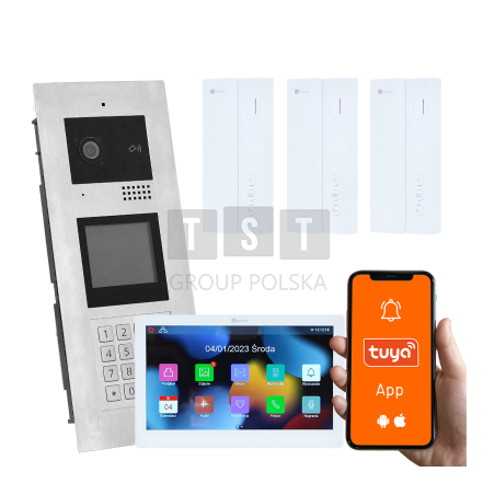 Wielorodzinny wideodomofon, 4 rodziny, otwieranie kodem, kartą, brelokiem, odbieranie na telefonie Tuya