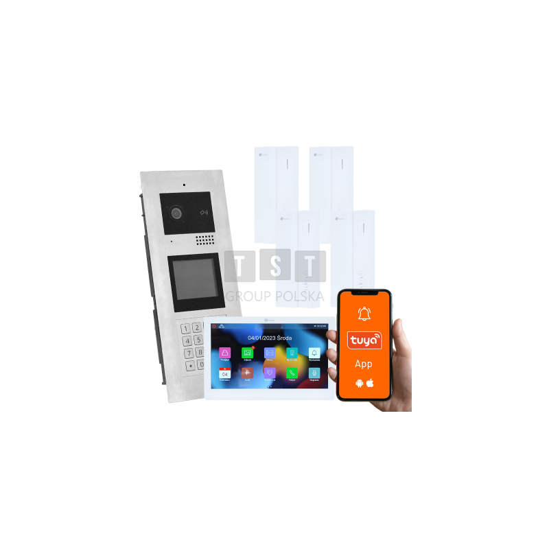 Wielorodzinny wideodomofon, 5 rodzin, otwieranie kodem, kartą, brelokiem, odbieranie na telefonie Tuya