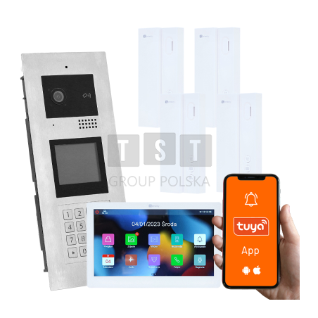 Wielorodzinny wideodomofon, 5 rodzin, otwieranie kodem, kartą, brelokiem, odbieranie na telefonie Tuya