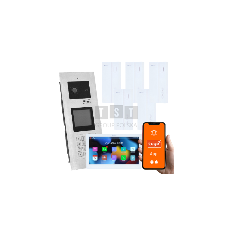 Wielorodzinny wideodomofon, 6 rodzin, otwieranie kodem, kartą, brelokiem, odbieranie na telefonie Tuya