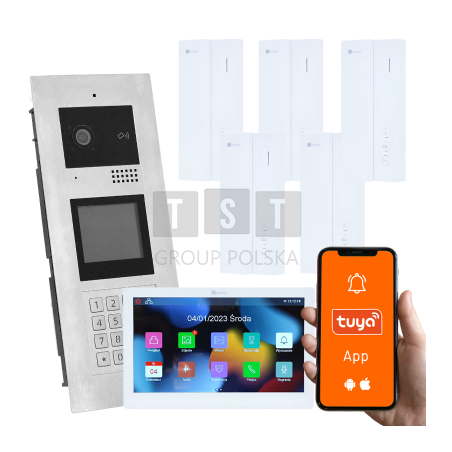 Wielorodzinny wideodomofon, 6 rodzin, otwieranie kodem, kartą, brelokiem, odbieranie na telefonie Tuya