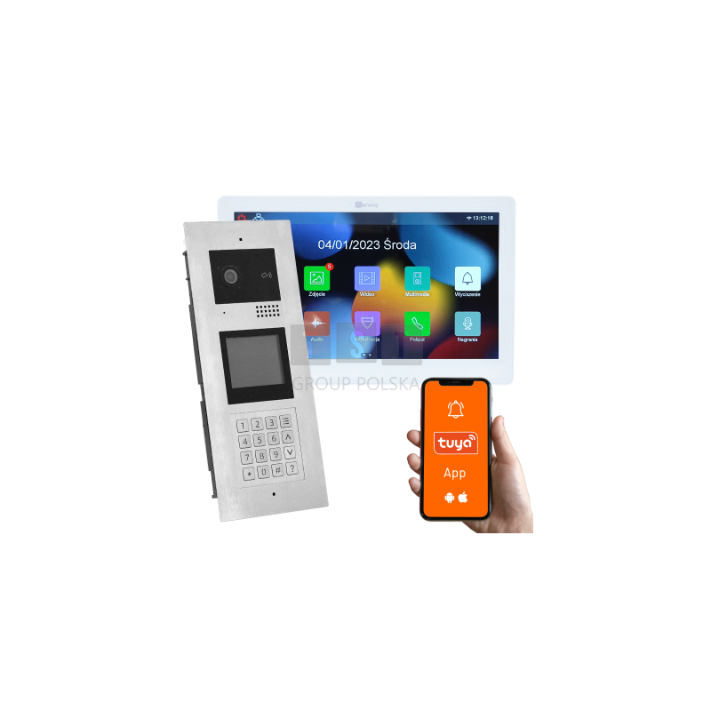 Wielorodzinny wideodomofon z monitorem dotykowym, 1 rodzina, otwieranie kodem, kartą, brelokiem, odbieranie na telefonie Tuya