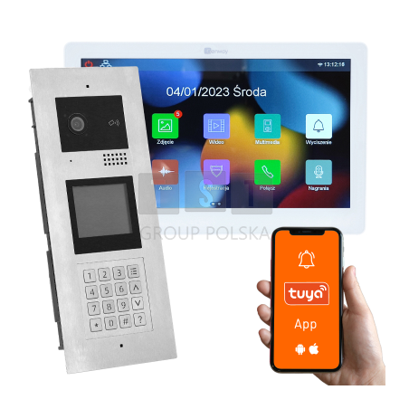Wielorodzinny wideodomofon z monitorem dotykowym, 1 rodzina, otwieranie kodem, kartą, brelokiem, odbieranie na telefonie Tuya