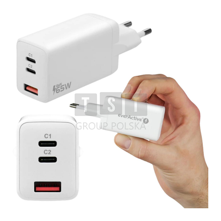 ŁADOWARKA SIECIOWA everActive GaN SC-650Q 65W 2xUSB-C 1xUSB-A PD PPS QC4+