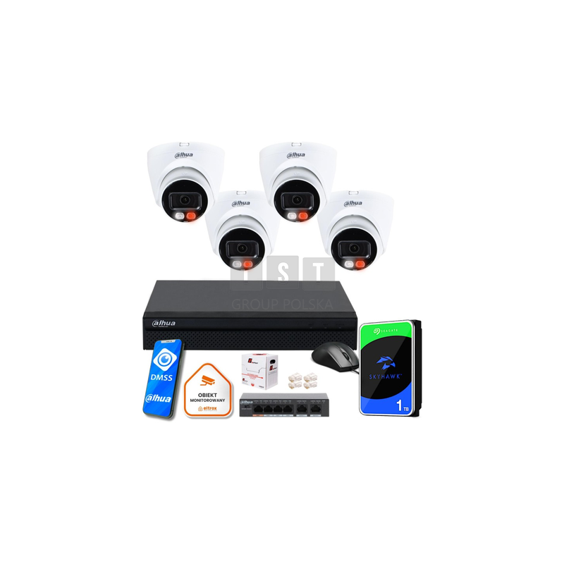Zestaw monitoringu IP Dahua Basic NVR 4 kamery kopułowe 4MPx