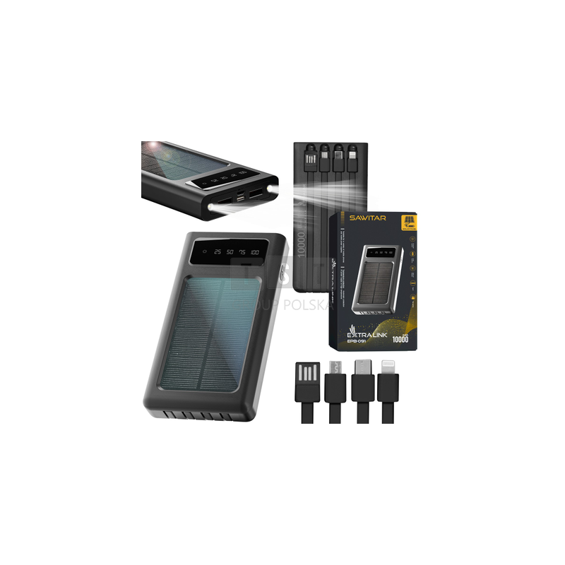 Extralink EPB-091 10000mAh Czarny | Powerbank | Solar Power bank, USB-C