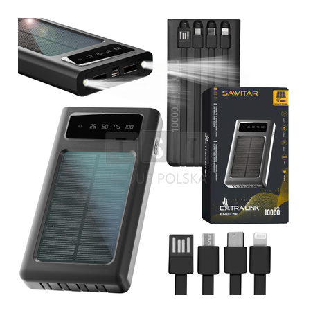 Extralink EPB-091 10000mAh Czarny | Powerbank | Solar Power bank, USB-C
